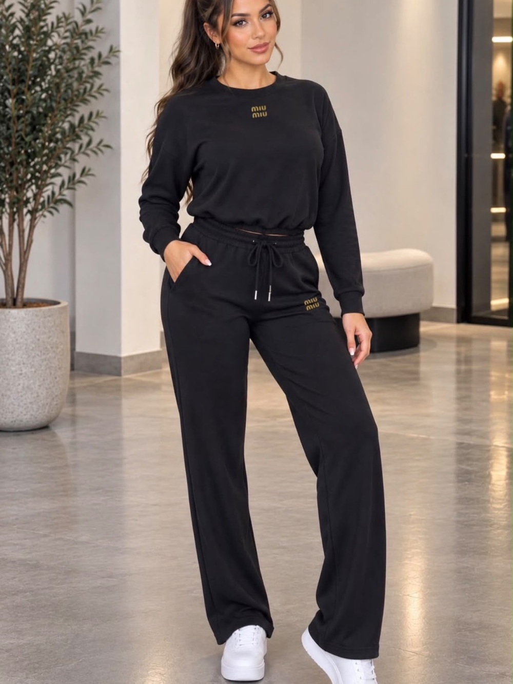 2 pc set Black Wide-Leg Drawstring Pantsuit